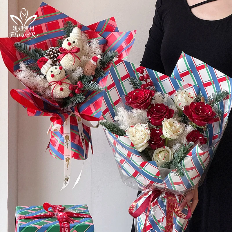 快乐圣诞防水加厚鲜花花束格纹包装纸适用节日礼物装饰包裹资材