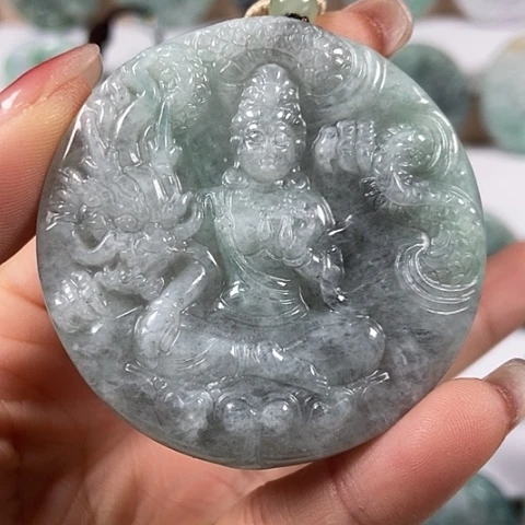 翡翠颈饰未镶嵌山水财神爷玉龙观音两面工福利翡翠