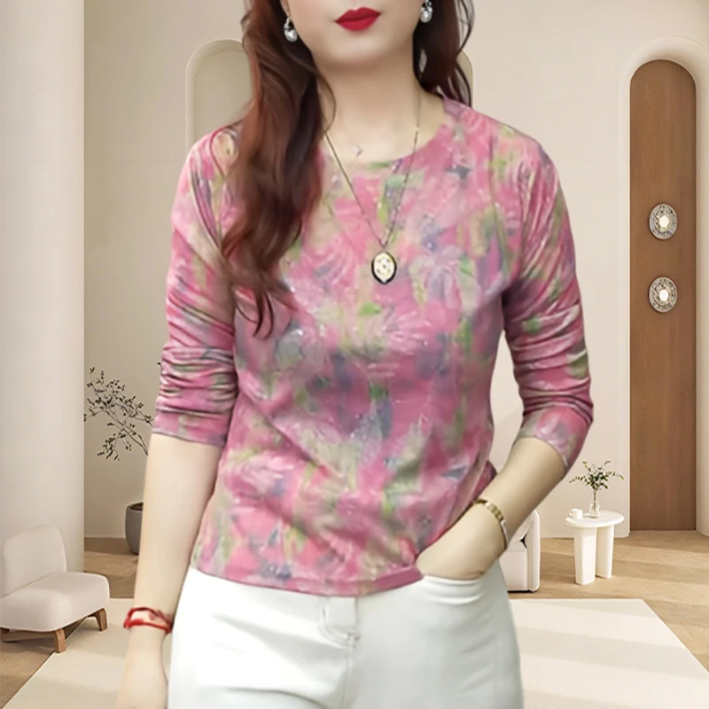 高级感复古印花长袖细闪t恤女新款2025秋装甜美减龄打底衫上衣