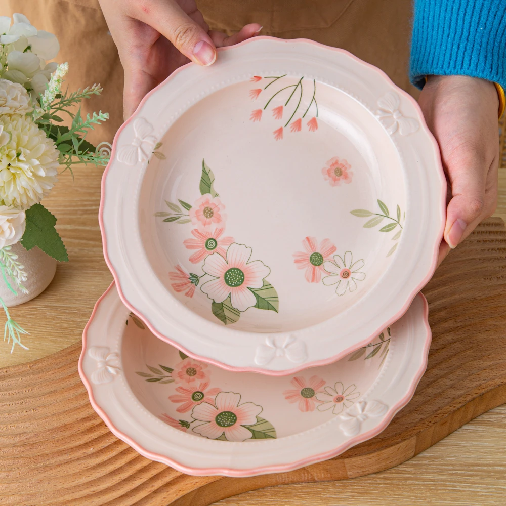 粉嫩少女心日式餐盘珊瑚海系列蝴蝶结水果盘沙拉盘草帽盘花边盘