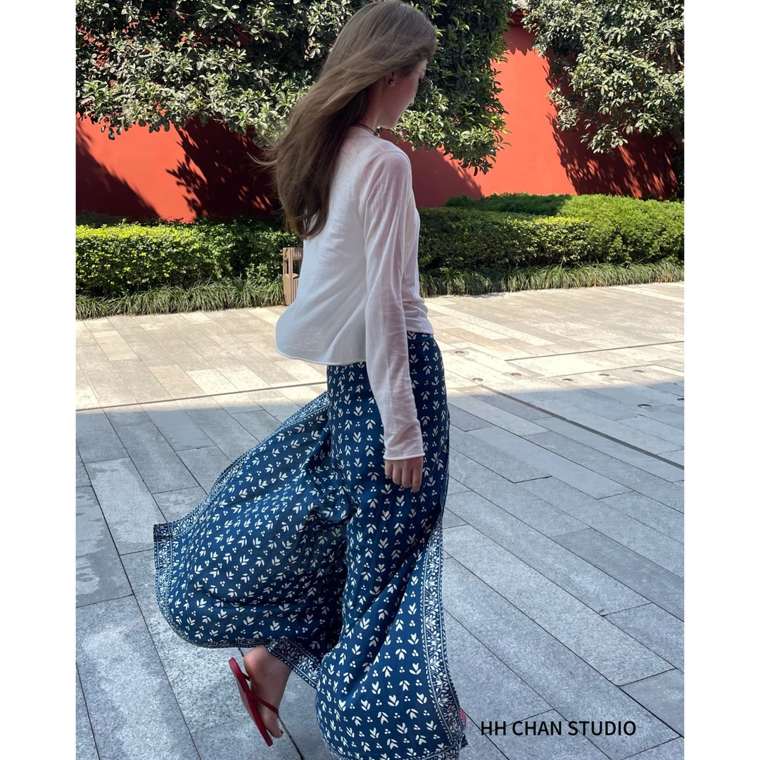 HH.CHAN“等风来”莱赛尔苎麻定制裙裤蓝色花纹裤子HH52S36267