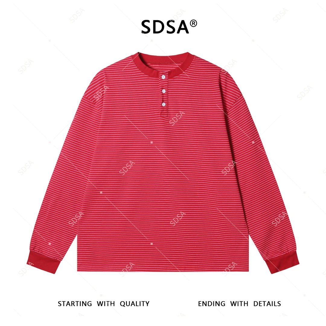 SDSA男士秋冬新款轻奢痞帅男装半纽扣圆领撞色条纹长袖T恤网红款