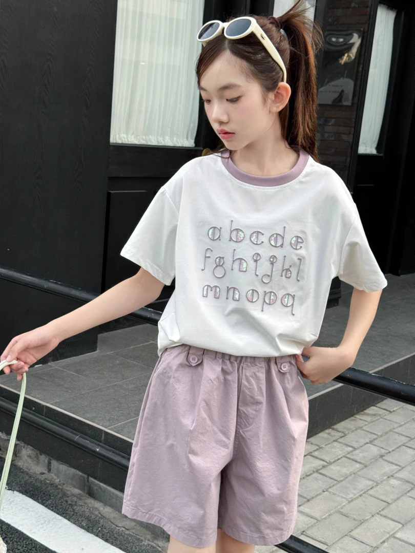 2025夏款新款2596时尚可爱简约中大童 女童棉布休闲短裤短袖套装