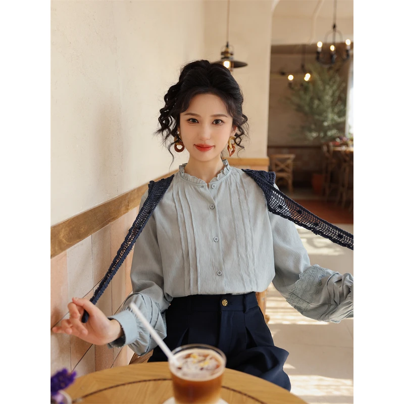 琦琦【漫漫盛夏】港风复古纯色长袖衬衫宽松百搭上衣YE0706193