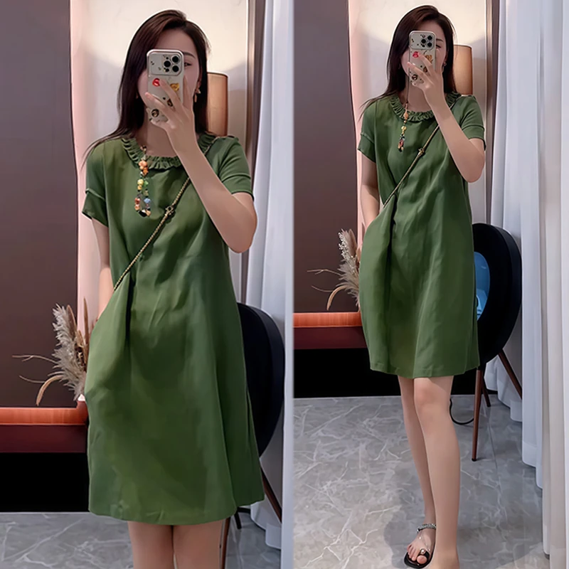 设计感宽松后妈裙2025年夏季新款爆款洋气圆领短袖遮肚中长款裙子