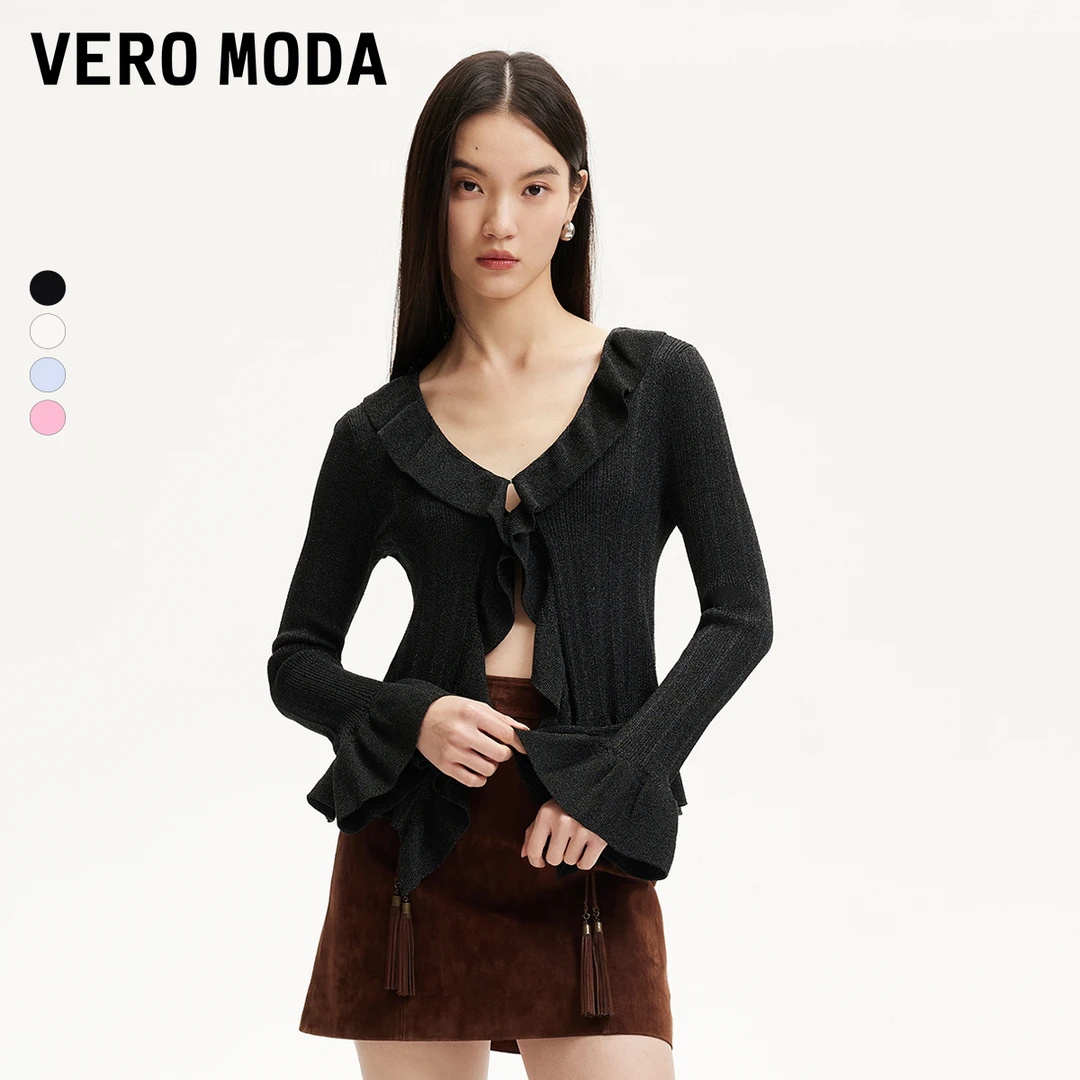 【达人专属】Vero Moda针织衫亮丝荷叶边镂空针织开衫325124053