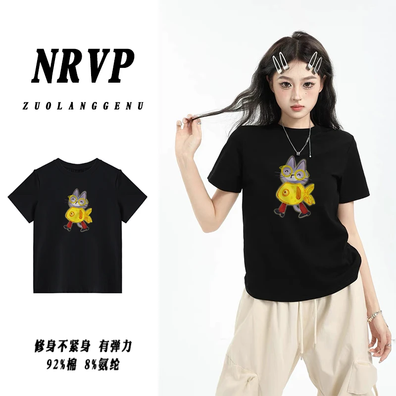 【品质】有趣小猫卡通正肩短袖t恤女修身夏季遮肉显瘦外穿弹力上衣