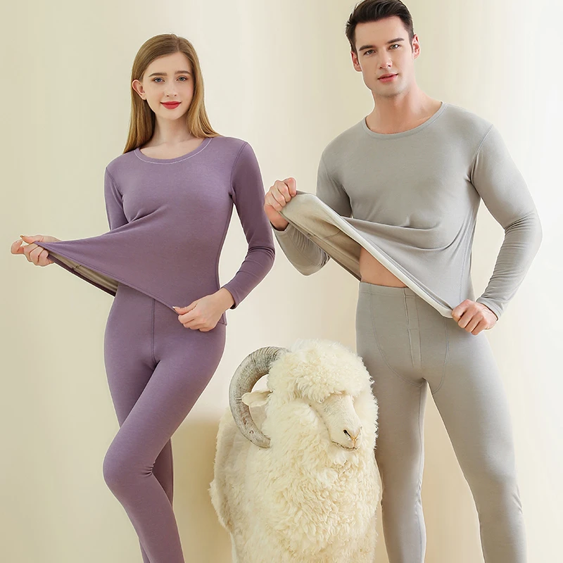 羊毛蚕丝保暖内衣套装秋衣秋裤双面磨毛修身打底基础家居服男女冬