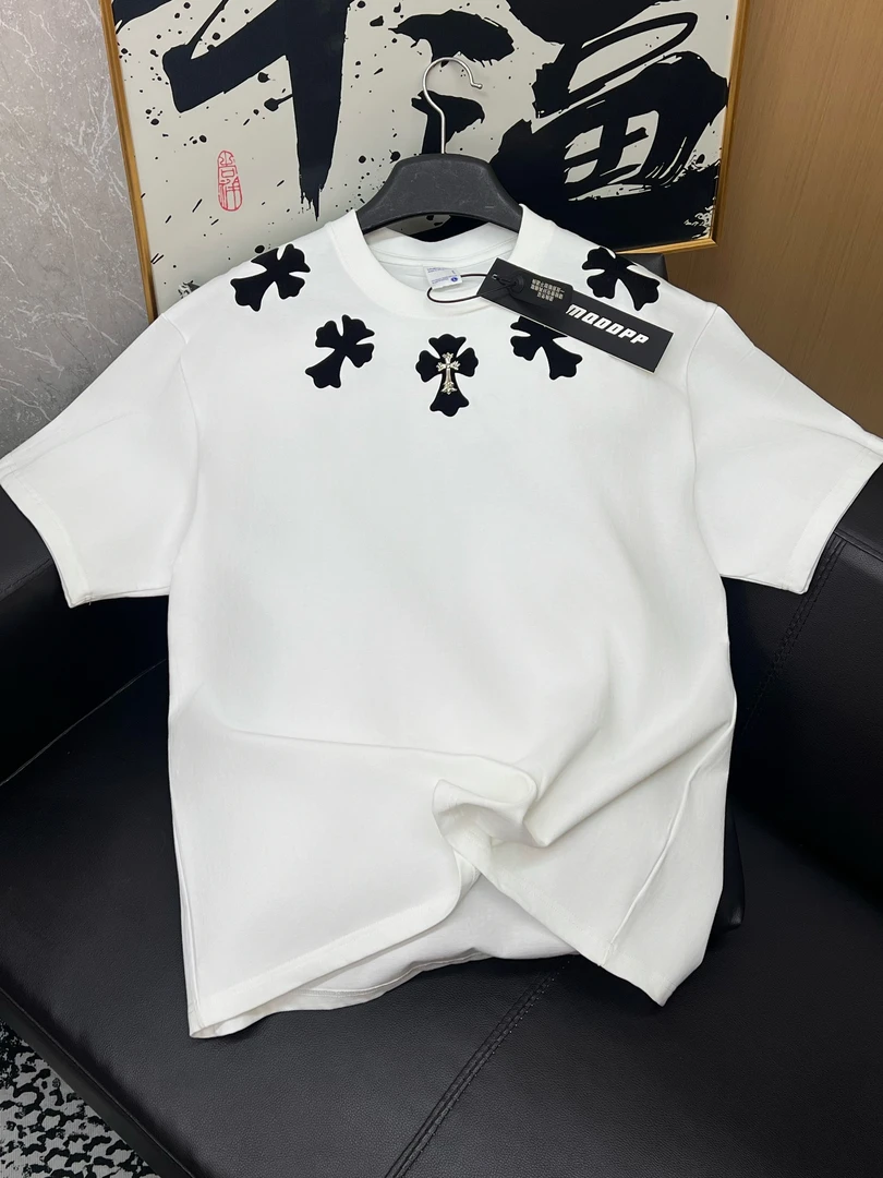 【小安】十字植绒重工圆领短袖男女同款夏季重磅纯棉T恤白V58黑V59