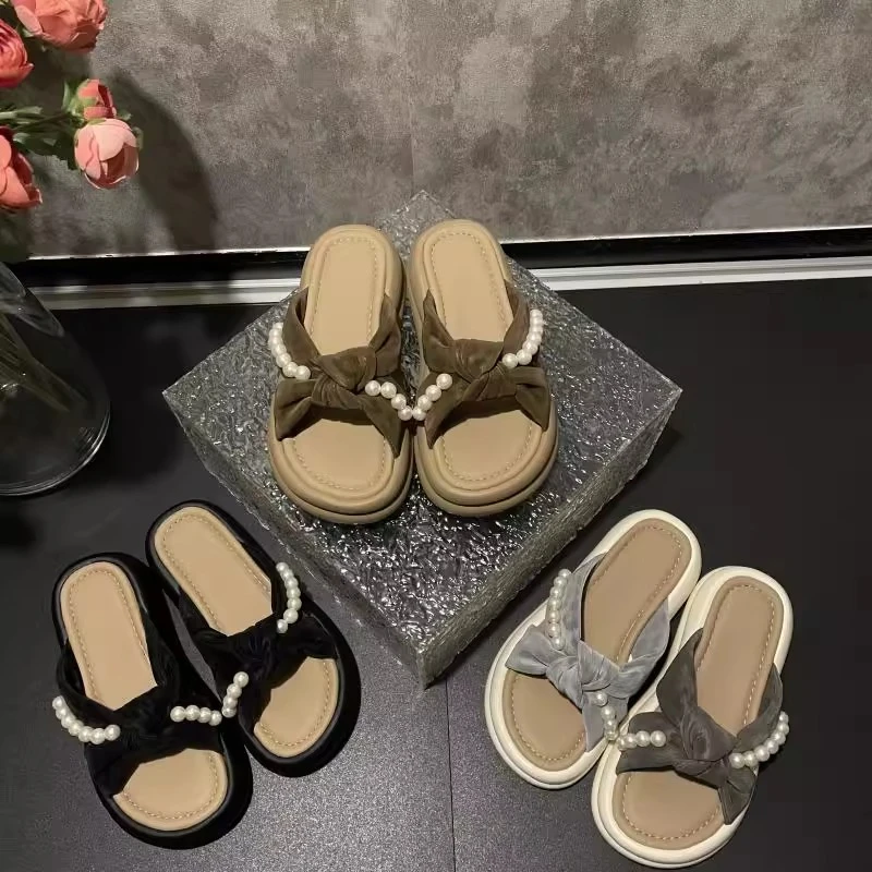 2025夏季新款豹纹蝴蝶珍珠柔软带时尚沙滩外穿厚底舒适拖鞋-5CM