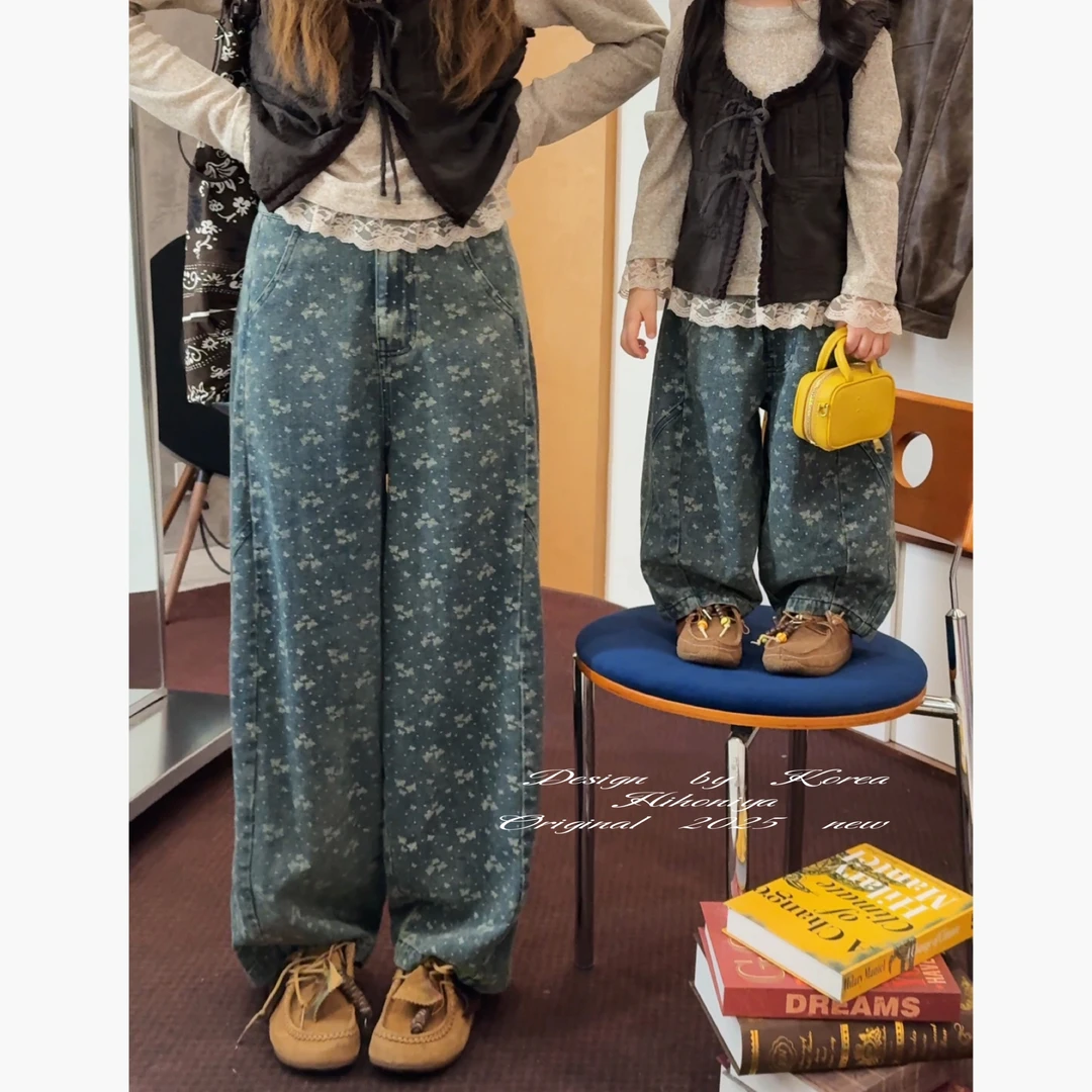 【千禧蝴蝶】三Hihoniya~2025秋季亲子蝴蝶洋气柔软复古印花牛仔裤