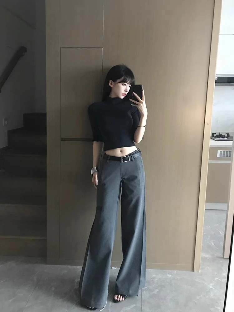 灰色低腰西装裤显瘦宽松阔腿直筒微喇长裤子女秋季新款休闲拖地裤