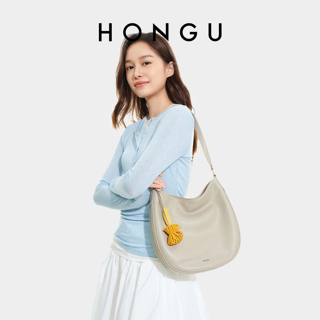 HONGU/红谷包包女2025新款质感真皮单肩腋下包小众设计半圆包斜挎