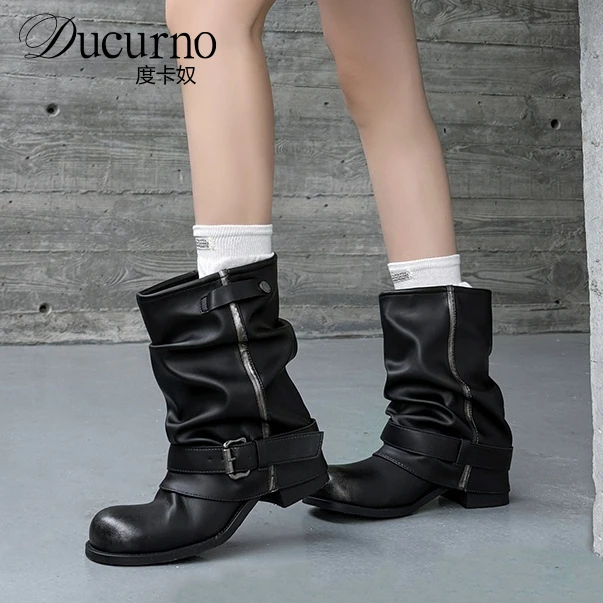 时髦炸街~超帅气皮带扣黑色马丁靴女骑士靴粗跟辣妹裤管靴小短靴