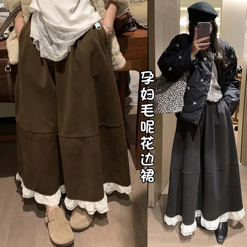 孕妇秋冬季厚毛呢无托腹可调节蕾丝花边拼接口袋大摆A字半身长裙