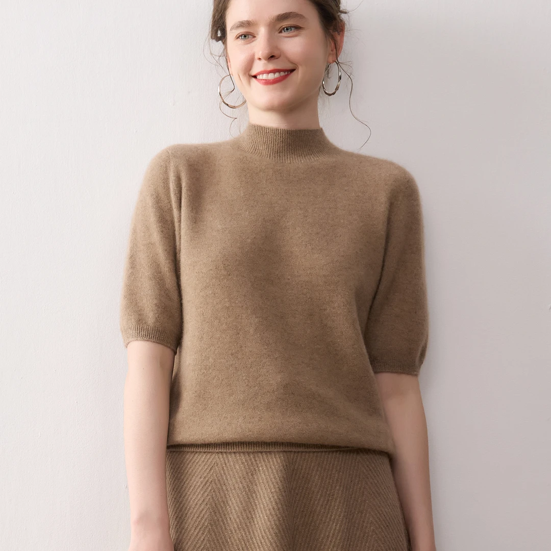 纯羊绒 一线成衣 半高领半袖羊绒衫上衣女纯色打底衫