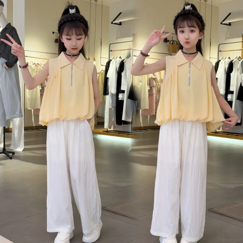 女童夏装新款无袖套装儿童洋气时髦娃娃衫中大童女孩休闲裤两件套