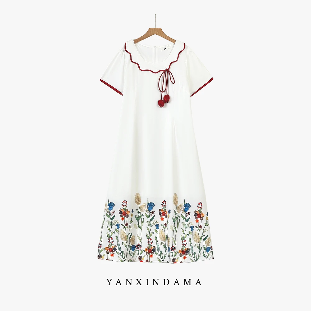 【岩心】大码女装300斤胖MM新中式国风花边领印花中长款连衣裙67030