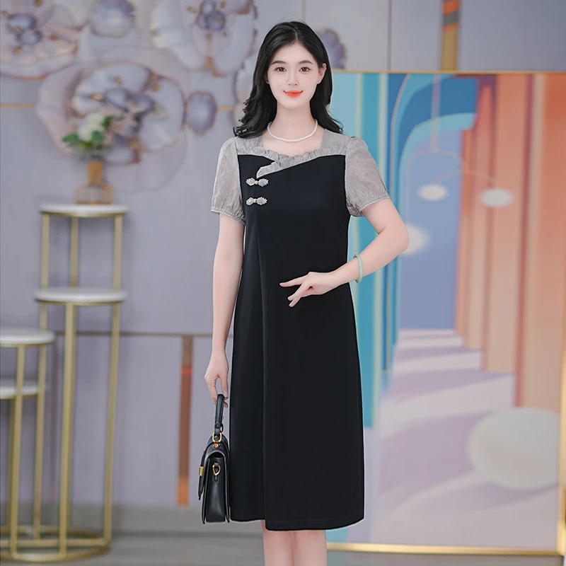 优雅小黑裙夏季显瘦裙气质拼色设计感优雅中长款裙子女