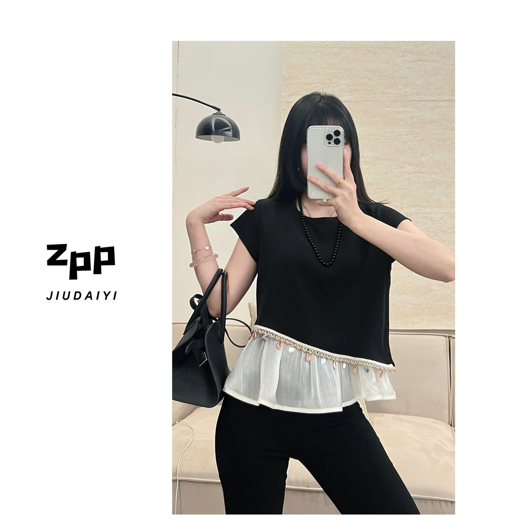 玖黛衣现货【巴黎之夜】新款夏季不规则别致宽松短袖TXP41396