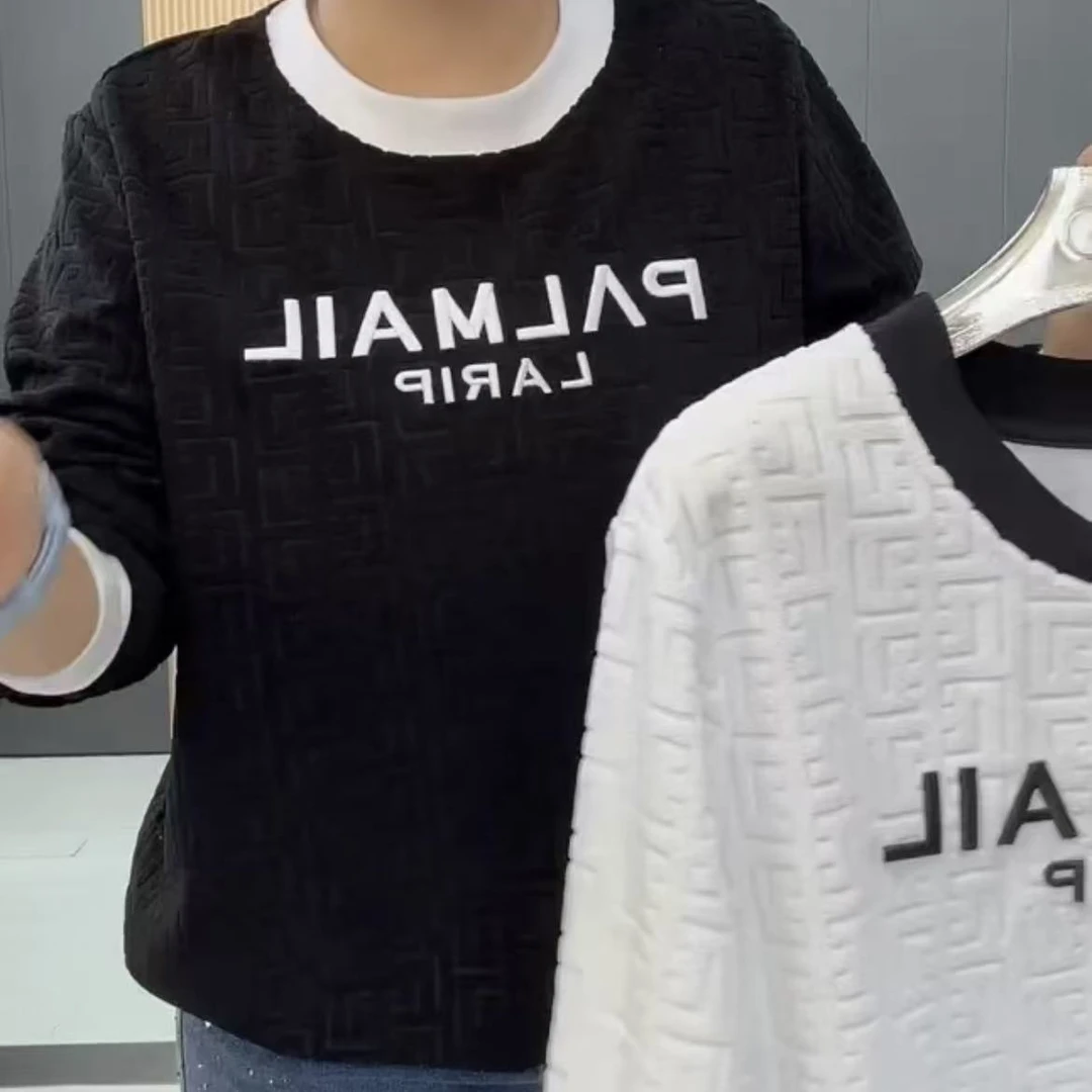 影5920秋冬大码洋气减龄圆领撞色气质长袖衫