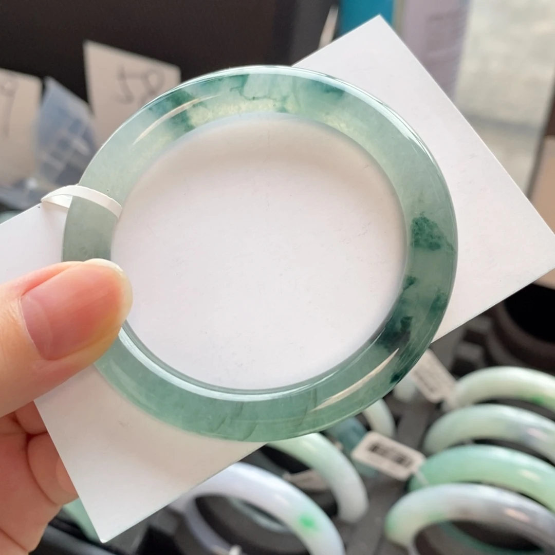 翡翠未镶嵌手镯冰墨绿花51.5