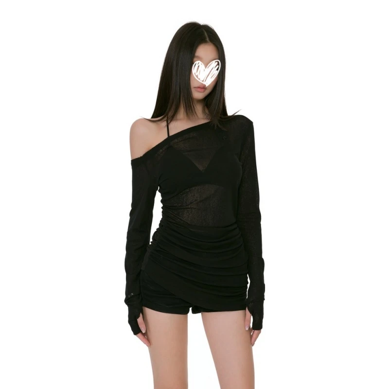 2025年夏季新款辣妹微透斜肩收腰长袖防晒罩衫显瘦纯欲百搭女上衣