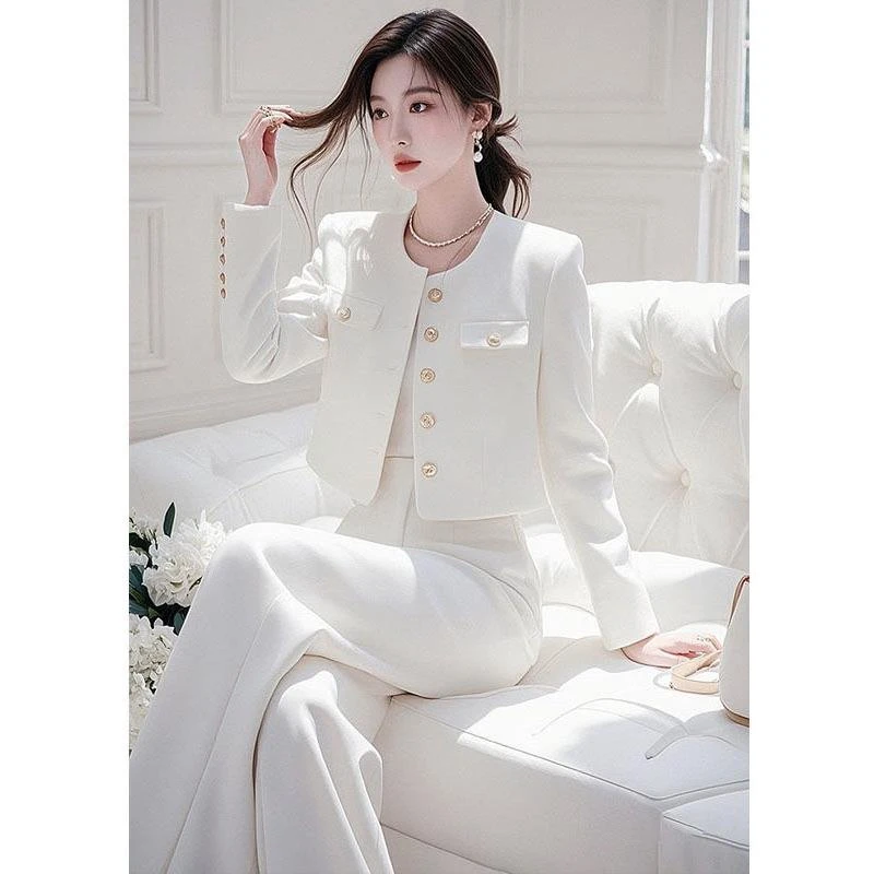 夏季超火开春穿搭一整套高级感气质小香风白色外套裤子职业套装女