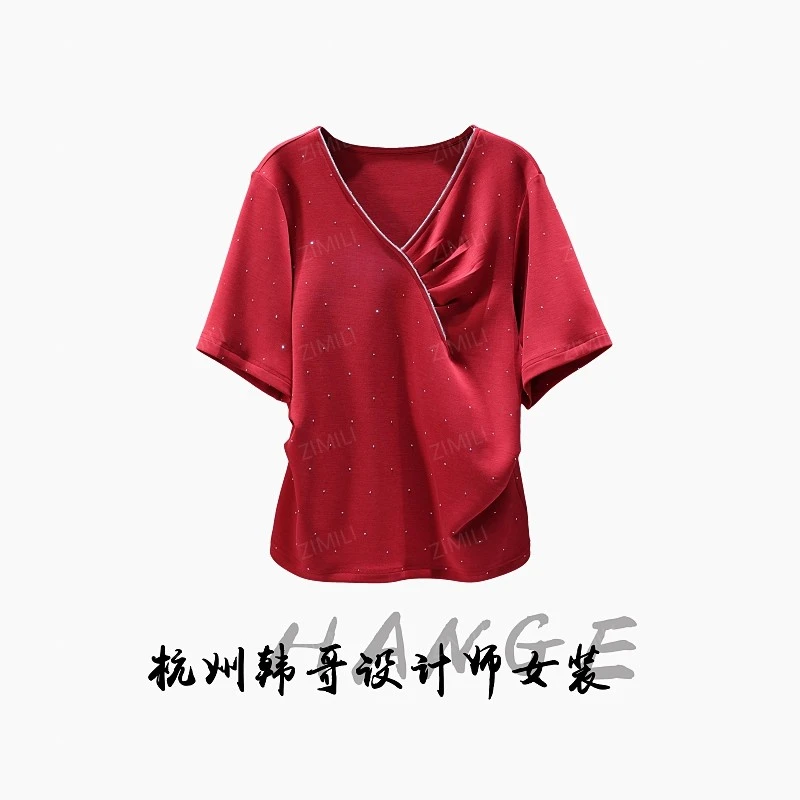 【韩哥女装】2025夏季轻薄透气安可拉红烫钻V领收腰休闲T恤9835-C1