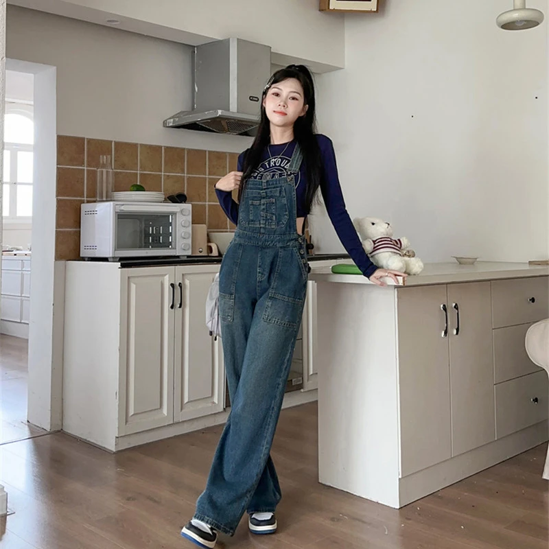 美式复古水洗牛仔背带裤女秋季新款宽松工装设计感连体裤拖地长裤