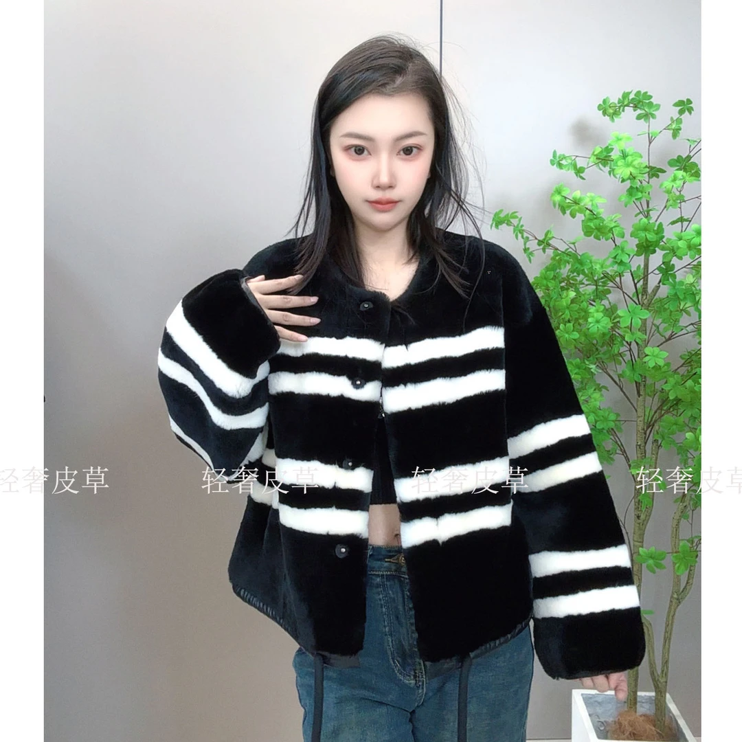 原生态真皮皮毛一体圆领休闲短款女真皮草外套