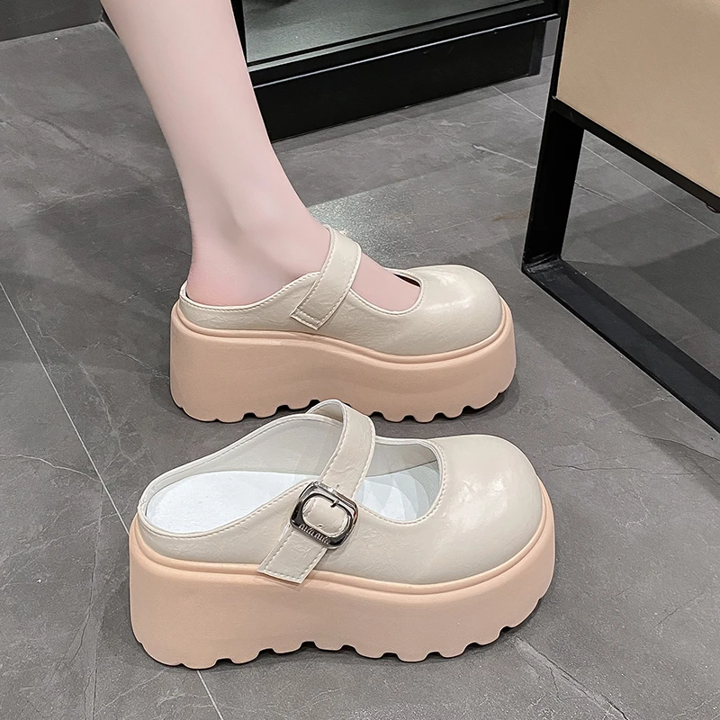 欧货高级感皮面厚底包头半拖鞋女2025春夏新款外穿无后跟勃肯凉拖