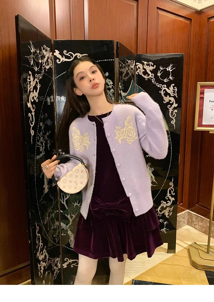 周美美 牧野花语温柔复古圆领提花羊毛针织开衫毛衣