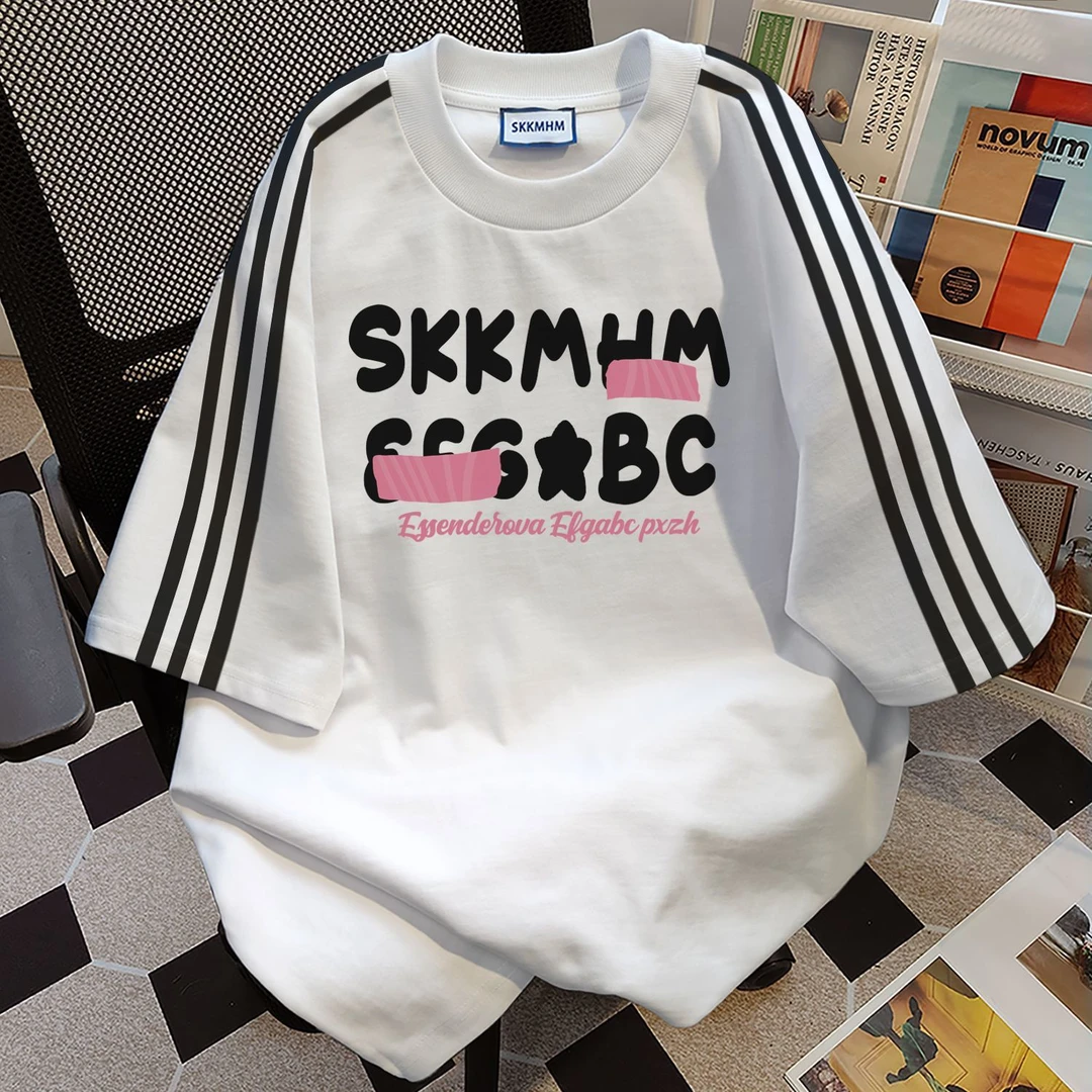 100%纯棉美式设计感小众三条杠短袖t恤女夏休闲宽松情侣款上衣ins