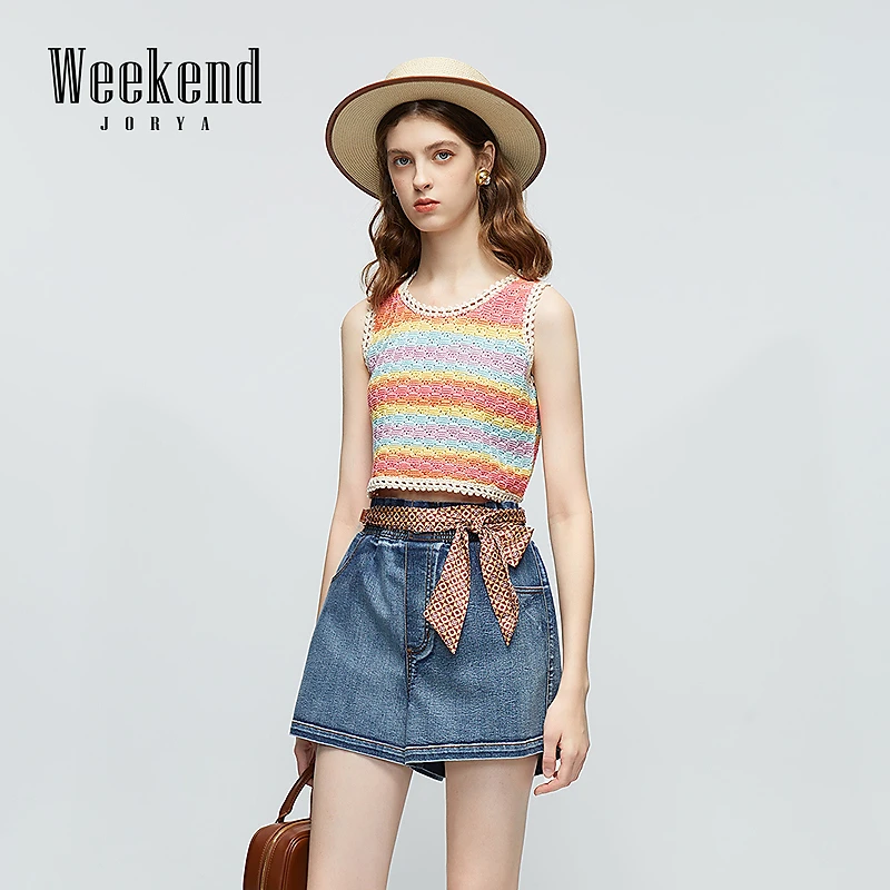 卓雅周末春季波西米亚织花镂空彩条纹圆领针织背心上衣EJWEAN09