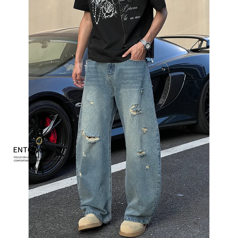 Entong美式街头潮牌宽松破洞微喇牛仔裤男生vibe裤子阔腿直筒长裤