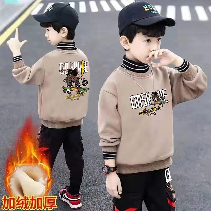 男童中大童半高领假两件卫衣时髦帅气秋冬新款加绒加厚儿童上衣潮