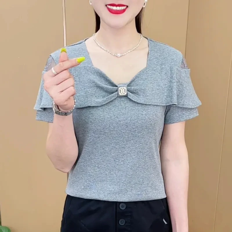 夏季新款时尚蝴蝶结蕾丝露肩设计T恤休闲百搭气质短袖上衣M660