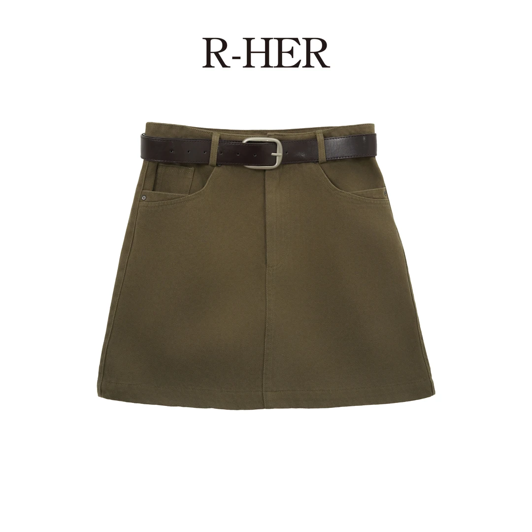 R-HER【洗水咖啡】显白咖啡色高腰a字牛仔半身裙显腿长小个子短裙