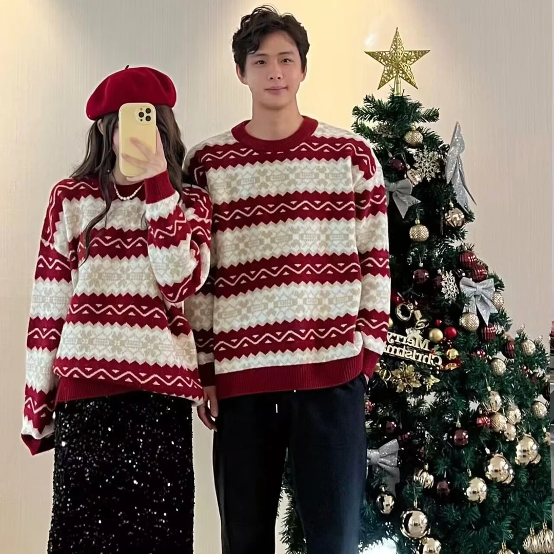 高级感情侣装秋冬法式复古圣诞毛衣ins慵懒风宽松加厚圆领针织衫