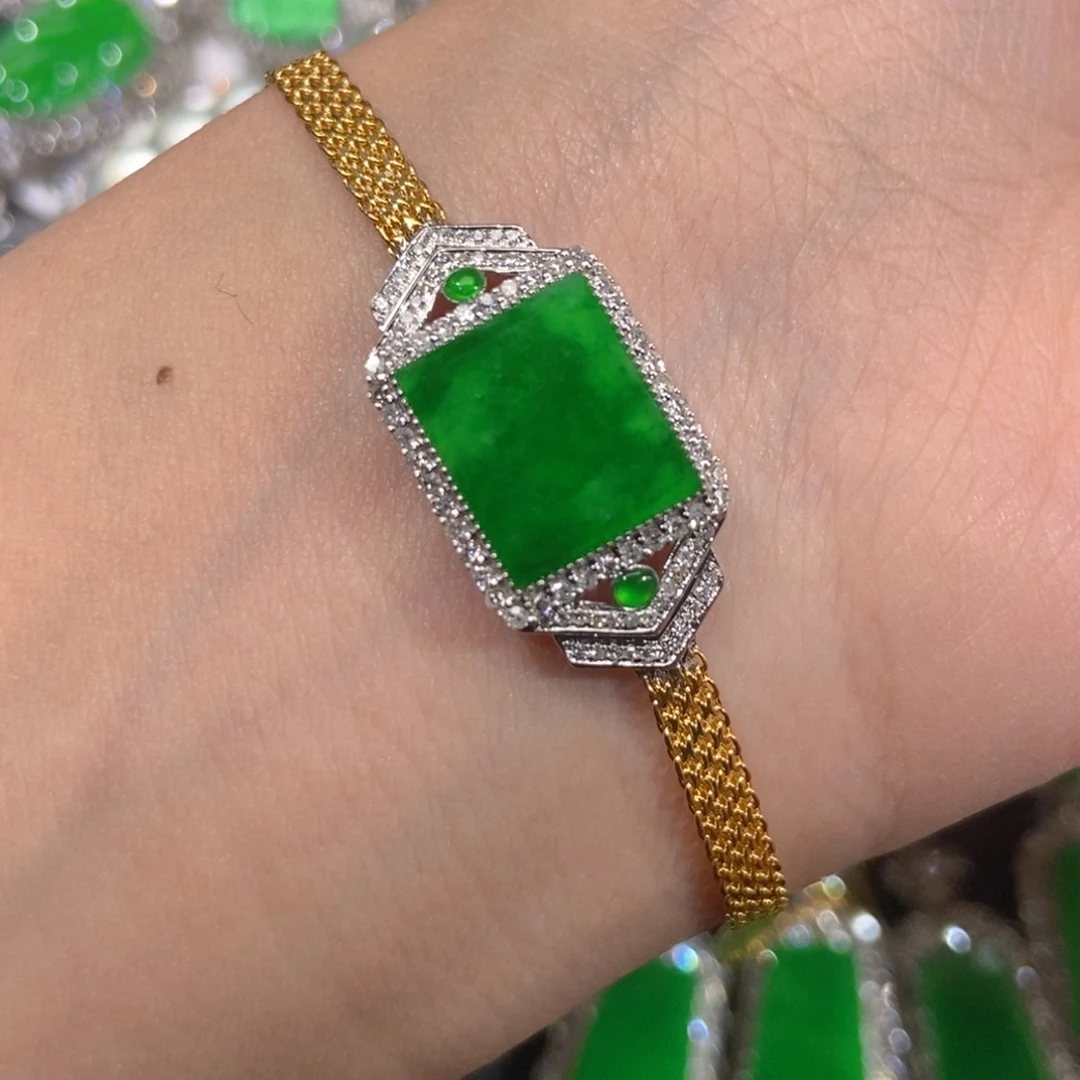 翡翠18K金镶嵌手链天然缅甸A货翡翠