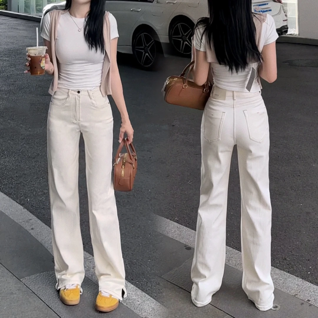 直筒牛仔牛仔裤裤子显瘦阔腿裤白色高腰夏季XY806