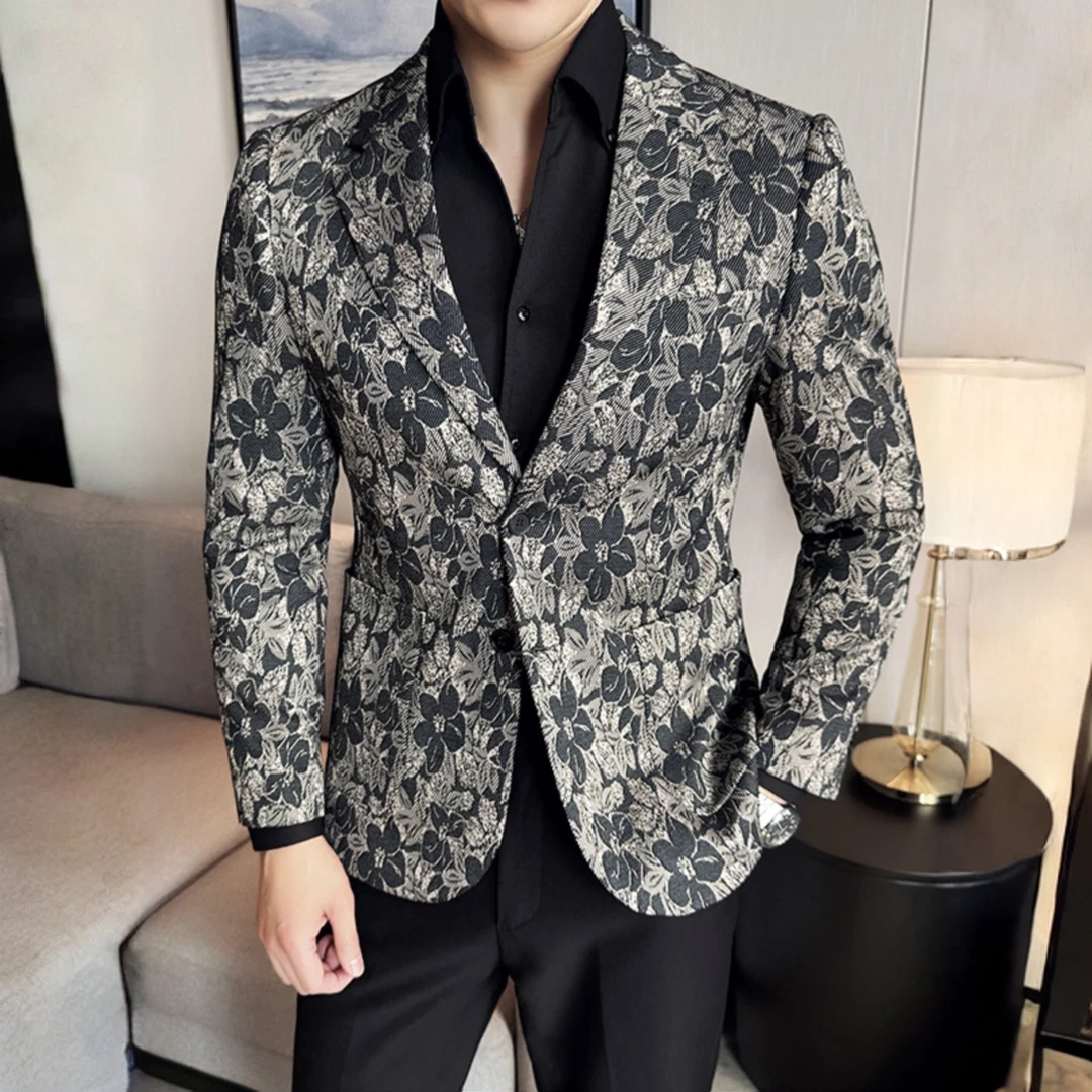 普卡夕赫男士西服外套韩版修身帅气英伦上衣轻奢男花色潮碎花西装