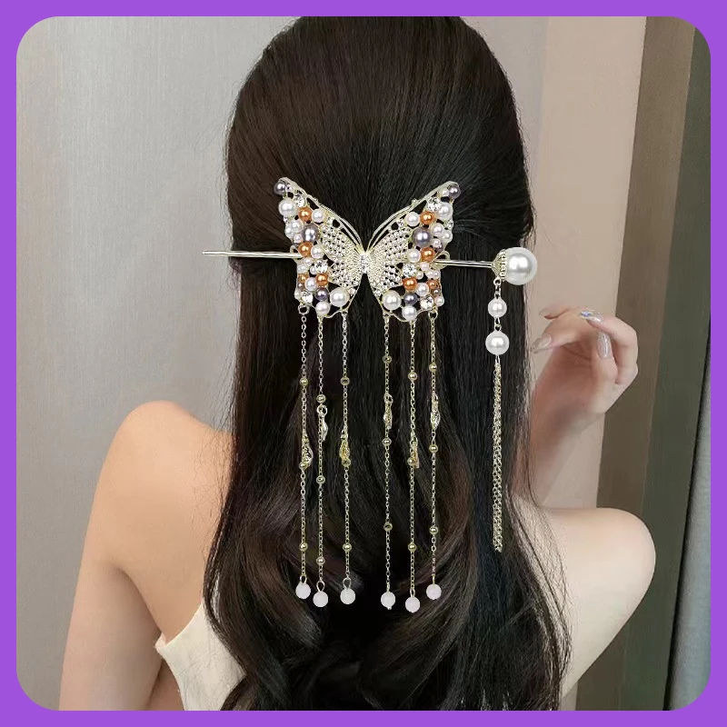 轻盈感流苏长蝶珍珠发簪女中式典雅盘发小众头饰合金材质