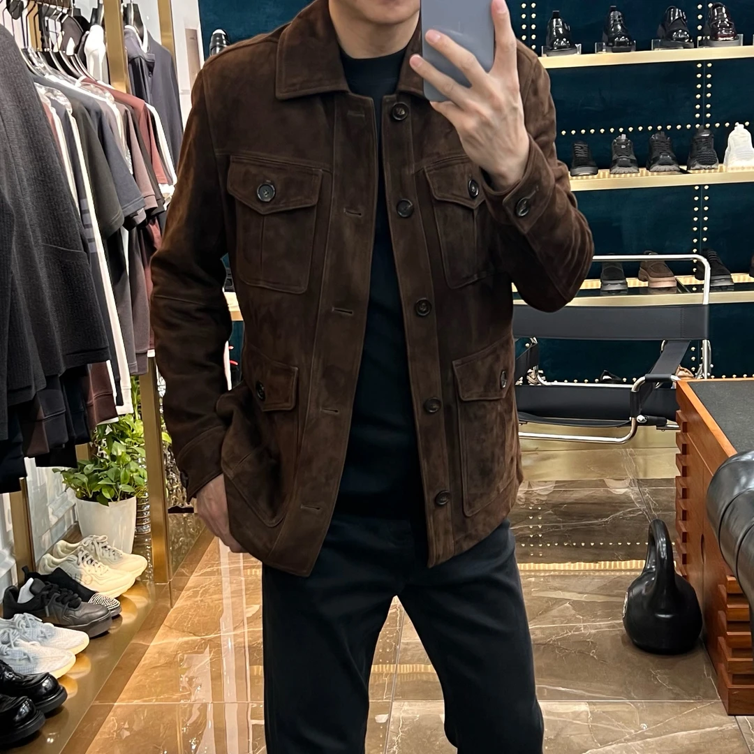 50201秋季头层翻绒头层羊皮棕咖色翻领皮衣夹克