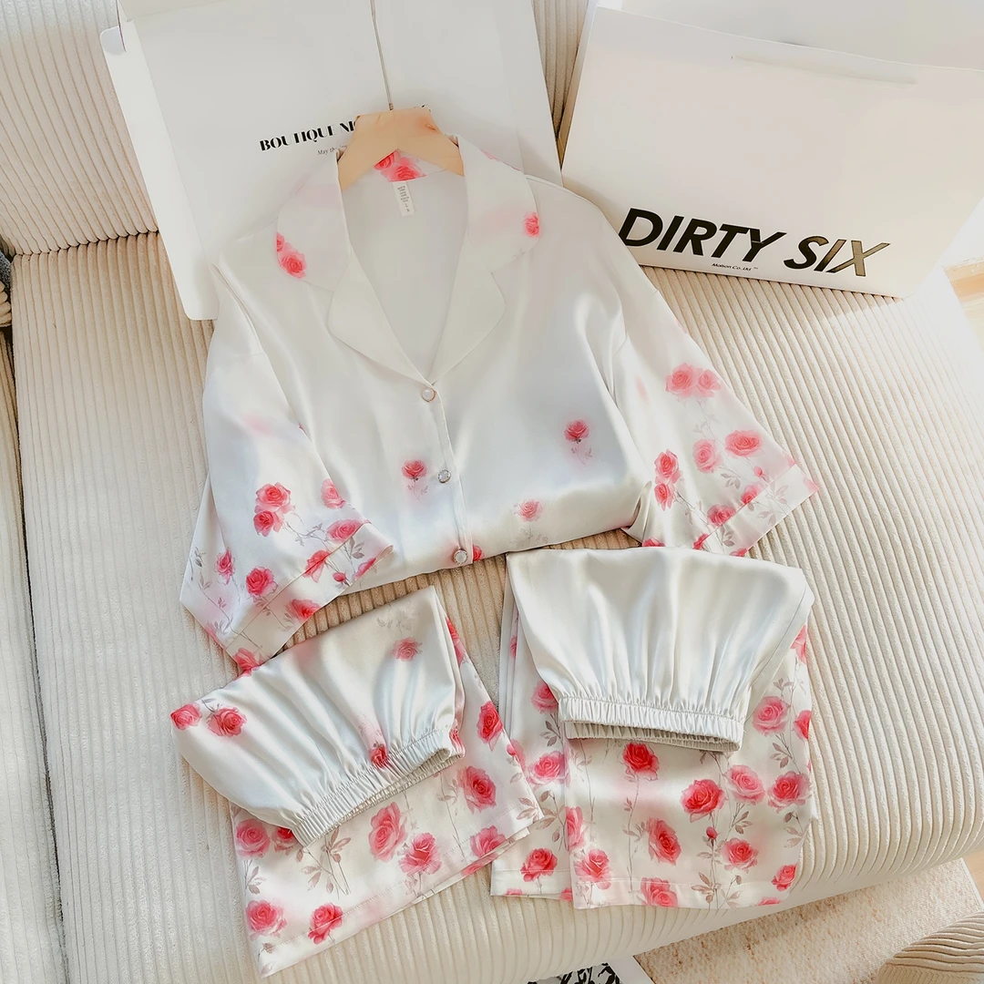 达芬奇密码粉蕊逸梦2025年新款女夏季爆款睡衣家居服三件套