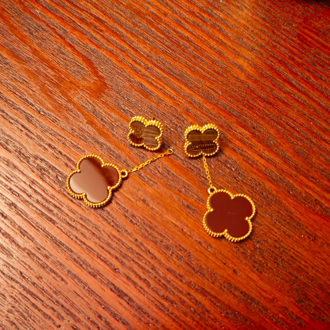 新品 18k金红玛瑙虎眼石大双花耳饰