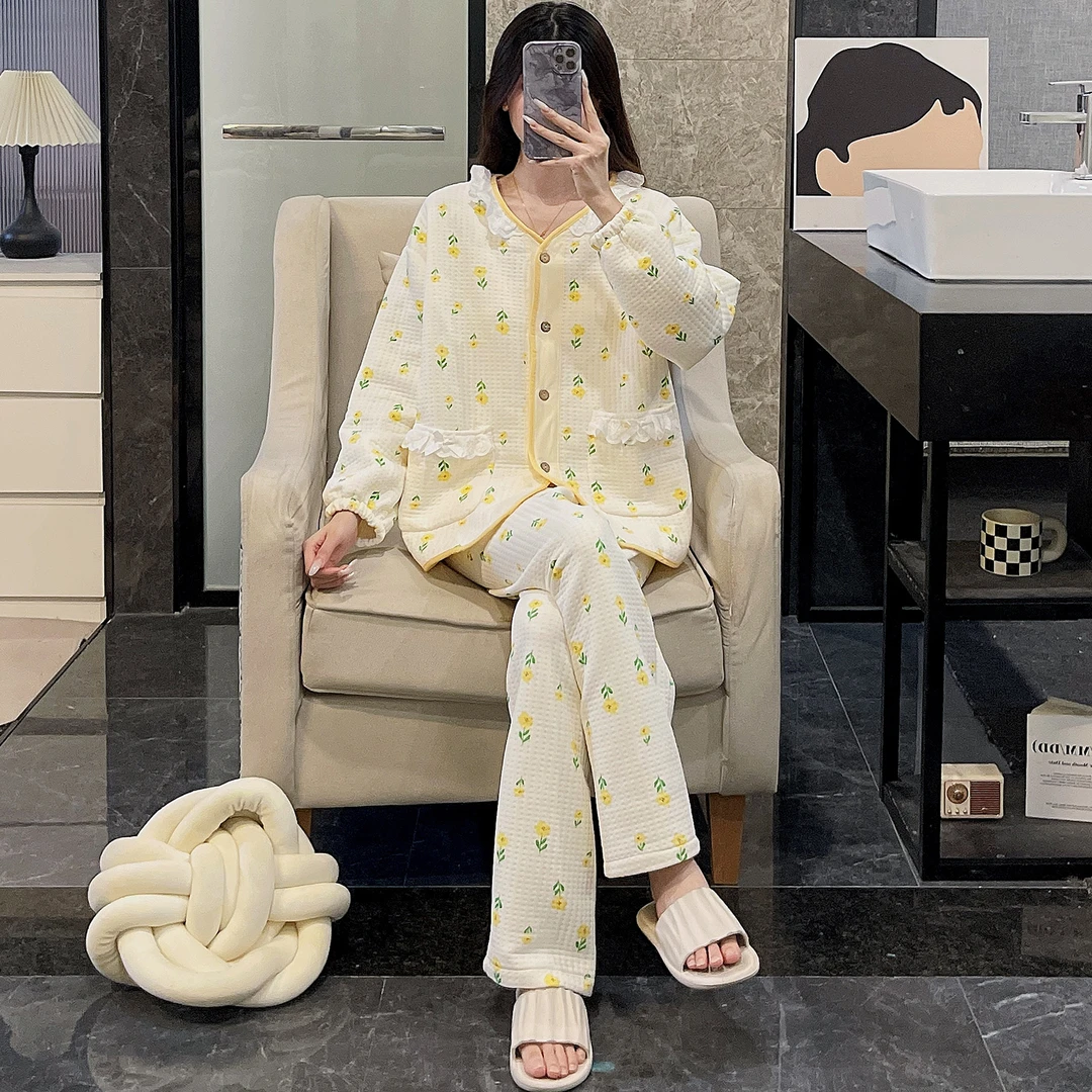 睡衣女秋冬季长袖大码2025新款夹层小黄花套装可外穿高级感家居服