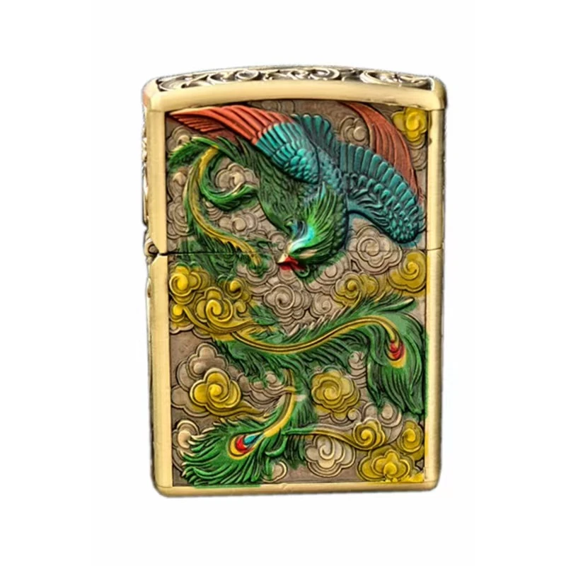 煤油打火机龙凤呈祥手工绿色双面立体镶嵌盔甲机