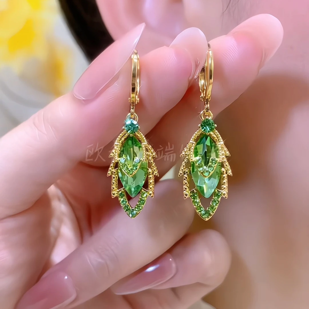 铜合金合成锆石耳饰 红色时尚百搭轻奢气质简约小众叶子高端耳环